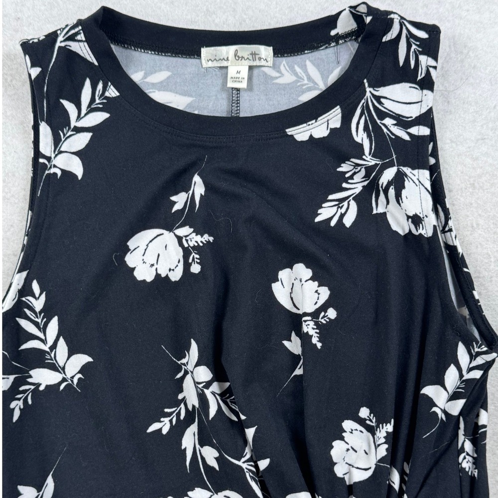 Nine Britton Black White Floral Twist Front Asymmetrical Midi Dress Medium